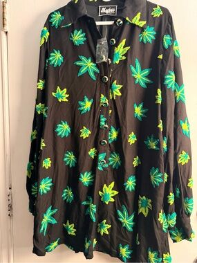 Meghan Black Long Sleeve Button-Up Shirt with Green & Yellow Leaf Embroidery